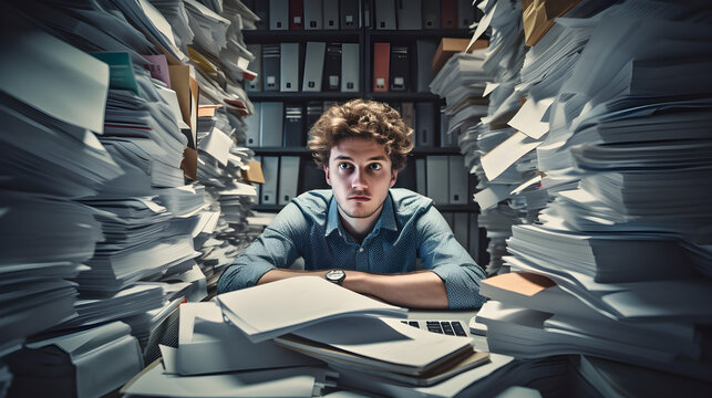 An overwhelmed office worker sits at a cluttered desk, surrounded by towering stacks of paperwork, symbolizing stress, deadlines, and work overload.