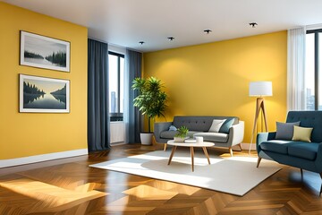 Fototapeta na wymiar Painting wall yellow in room of apartment after relocation (3D Rendering)