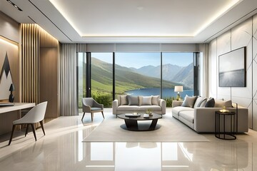 Modern, white minimalist interior. Modern interior design for posters in the living room layout with a white sofa with space to copy.