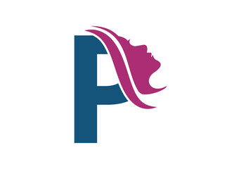 Woman Face Logo On Letter P. Beauty and spa logo concept - obrazy, fototapety, plakaty