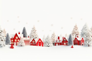 White colored christmas theme card design with trees, huts and snowfall in red and white theme