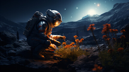 cinematic monk astronaut growing plants in space