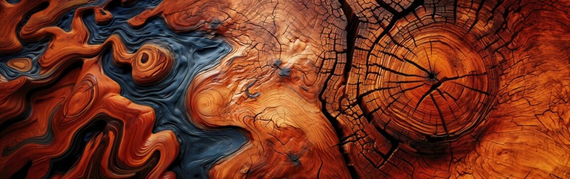 Root wood end grain background, beautiful grain as a panorama texture for web and print, brown, black, forestry, 
precious wood, generative ai