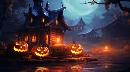 Fototapeta na wymiar Dark halloween house with moon and pumpkins