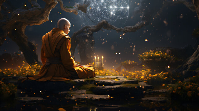 cinematic monk astronaut growing plants in space