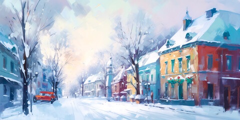 Beautiful winter landscapes captured in oil painting. Illustration of an old city covered in snow during Christmas. Perfect for adding holiday cheer to your home or office decor.
