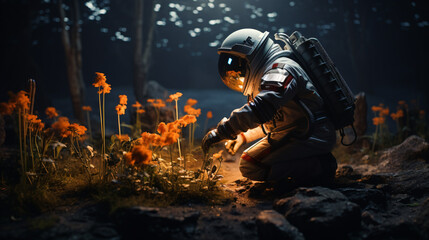 cinematic monk astronaut growing plants in space - obrazy, fototapety, plakaty