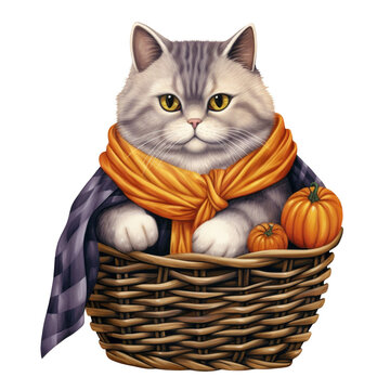 AI Generative cute chubby cat with scarf on basket Halloween festival 