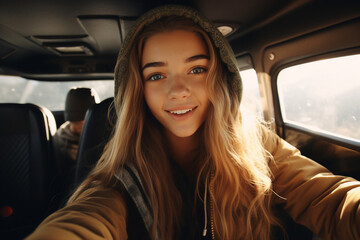 Charming girl photo sitting on passenger seat inside car having fun during comfort trip generative AI