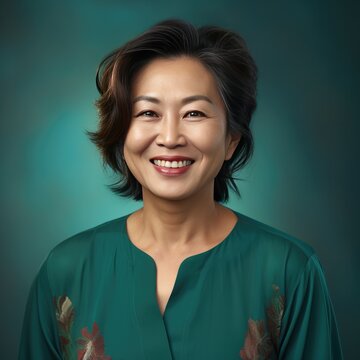 Portrait Of A Older Asian Woman On A Green Background