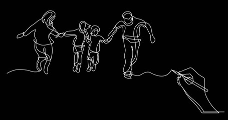 Fototapeta na wymiar continuous line drawing vector illustration with FULLY EDITABLE STROKE - family life concept on black background