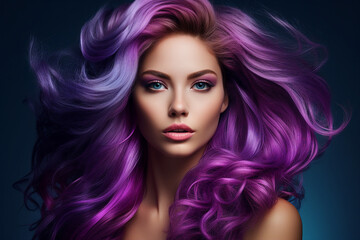 Fototapeta premium Generative AI portrait of natural beauty woman model showing flattering bright violet dyed hairstyle