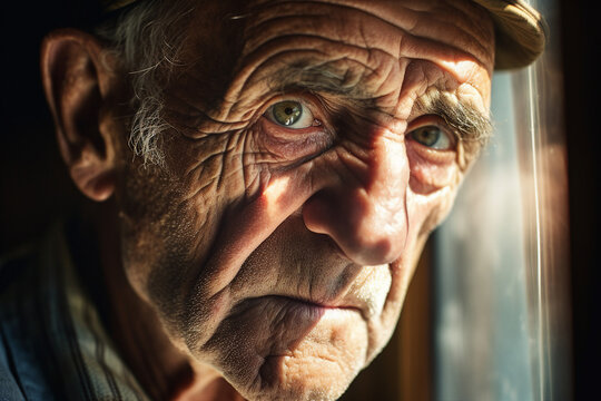 Close up generated ai picture of old pensioner upset unhappy man with a wrinkled face living alone