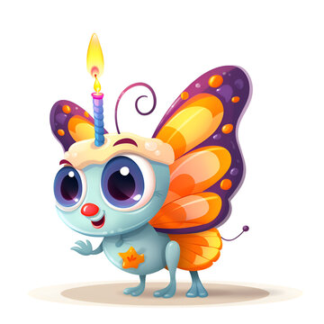 Cute cartoon butterfly with candle isolated on white background. Vector illustration.