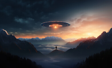 A hiker standing alone in a mountain valley at dusk, witnessing an encounter of the third kind: a giant alien spacecraft, UFO, hovering in the sky as the sun sets