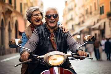 Happy senior couple having fun! Riding motor bike scooter across the town and waving! Retirement adventure life. - obrazy, fototapety, plakaty