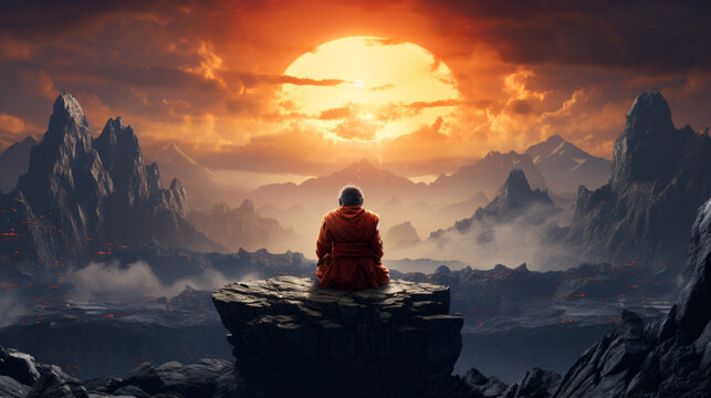 cinematic monk astronaut growing plants in space