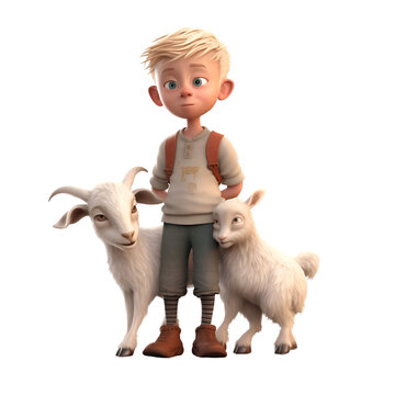 3D digital render of a little boy with goats isolated on white background