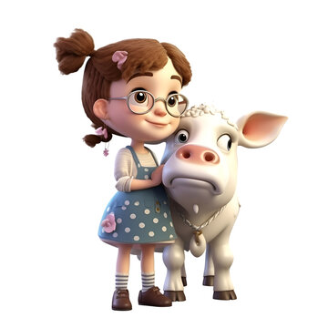 3d Render of Little Girl with cow on white background no shadow