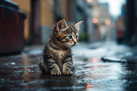 Sad abandoned hungry kitten sitting in the street under rain. Dirty little stray kitty cat outdoors. Pets adoption, shelter, rescue, help for pets, charity, donation