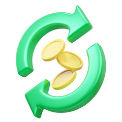 3D Transfer currency exchange round arrow icon. Arrow with gold coin floating isolated. Cashback and refund. Return of Investment. Saving money and business concept. 3d rendering Cartoon Illustration.