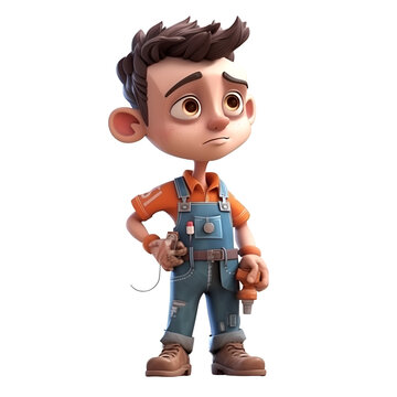 3D Render of a cartoon mechanic with overalls and tool belt