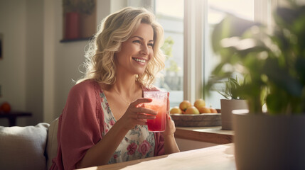 Obraz na płótnie Canvas Beautiful middle-aged woman sits in the kitchen of her home and smiles while holding a smoothie glass in her hands