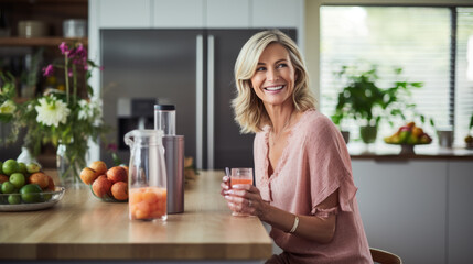Beautiful middle-aged woman sits in the kitchen of her home and smiles while holding a smoothie glass in her hands