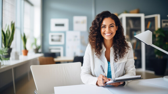 Happy Professional Female Psychologist Holding Clipboard, Looking And Smiling At Camera.