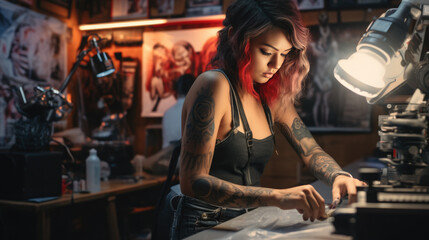 Fototapeta na wymiar Woman master in a tattoo parlor makes a sketch of a future tattoo