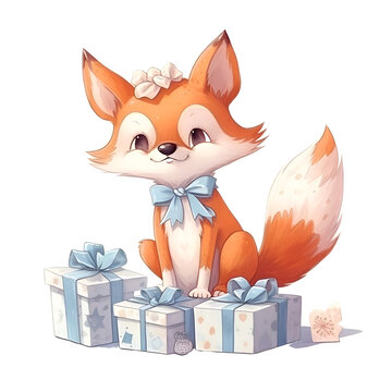 Cute fox with gift boxes. watercolor illustration on white background