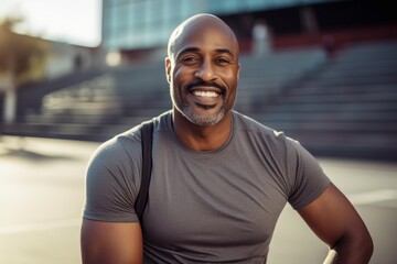 Portrait of happy african american sportsman smiling at camera outdoors