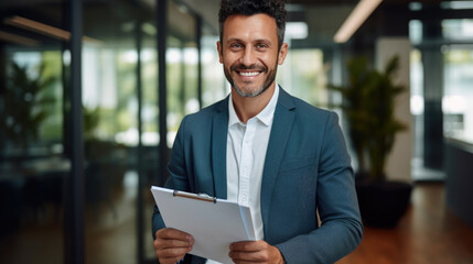 Happy professional male psychologist holding clipboard, looking and smiling at camera.