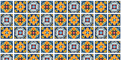 Italian ceramic tile pattern. Mediterranean porcelain pottery. Ethnic folk ornament. Mexican talavera, portuguese azulejo or spanish majolica. - obrazy, fototapety, plakaty