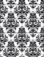 Elegant black and white floral pattern, in the style of stencil-based, rococo decadence, style of ornate baroque, style of rembrandtesque and damask background