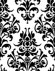 Elegant black and white floral pattern, in the style of stencil-based, rococo decadence, style of ornate baroque, style of rembrandtesque and damask background