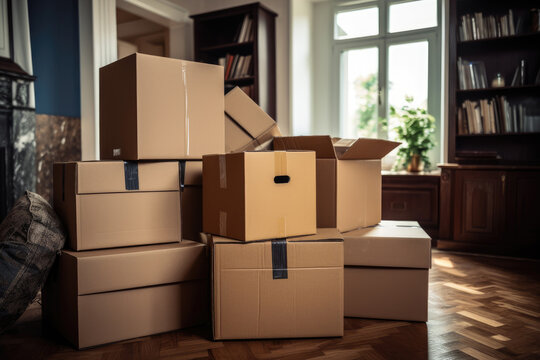 Stack of cardboard boxes with household belongings on wooden floor in living room of old classical style house. Moving to new home, relocation, renovation, homestaging, removals and delivery service