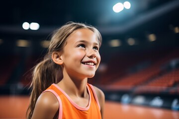 portrait of smiling little girl in sportswear looking away at stadium