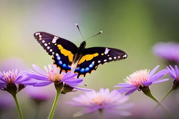 Dark Swallowtail butterfly in garden with purple flowers