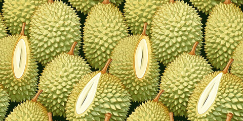 Fototapeta premium Seamless pattern of illustrated durian fruit, leaf drawings. Concept: Exotic organic prints.