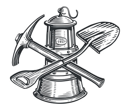 Lantern and crossed shovel, pickaxe. Mining equipment and tools. Sketch vintage vector illustration engraving style