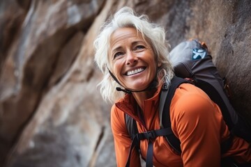 Portrait of smiling senior woman with mobile phone while climbing in canyon