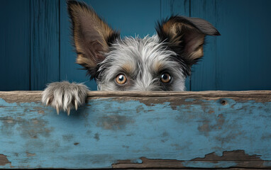 Puppy head with paws up peeking over grunge blue wooden background. Little dog curiously peeking out from behind blue background. Pets adoption, shelter, rescue, help for pets. Front view, copy space