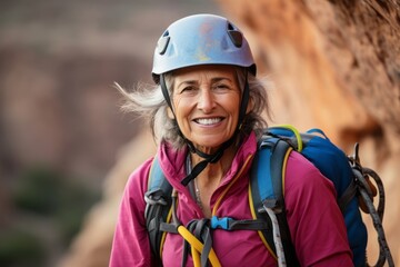 Portrait of happy senior woman with backpack looking at camera in canyon