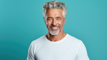 Obraz premium Senior man standing in front of camera in white T-shirt , isolated on blue background