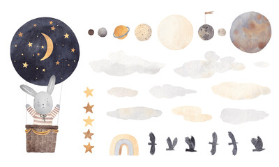 Watercolor set, funny bunny flies on balloon, planets, stars, birds, clouds. Decor for a children.