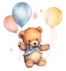 Teddy bear with balloons watercolor illustration isolated on transparent background