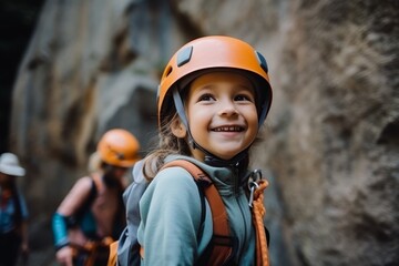 cute little girl in orange helmet looking at camera while climbing on rocky wall