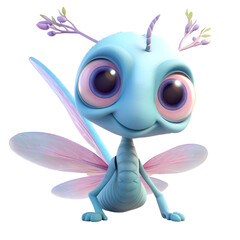 Cute cartoon dragonfly with wings and flowers. 3D rendering