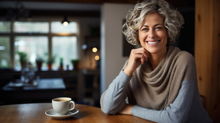 Beautiful woman smiling with a cup of coffee in the kitchen of her home